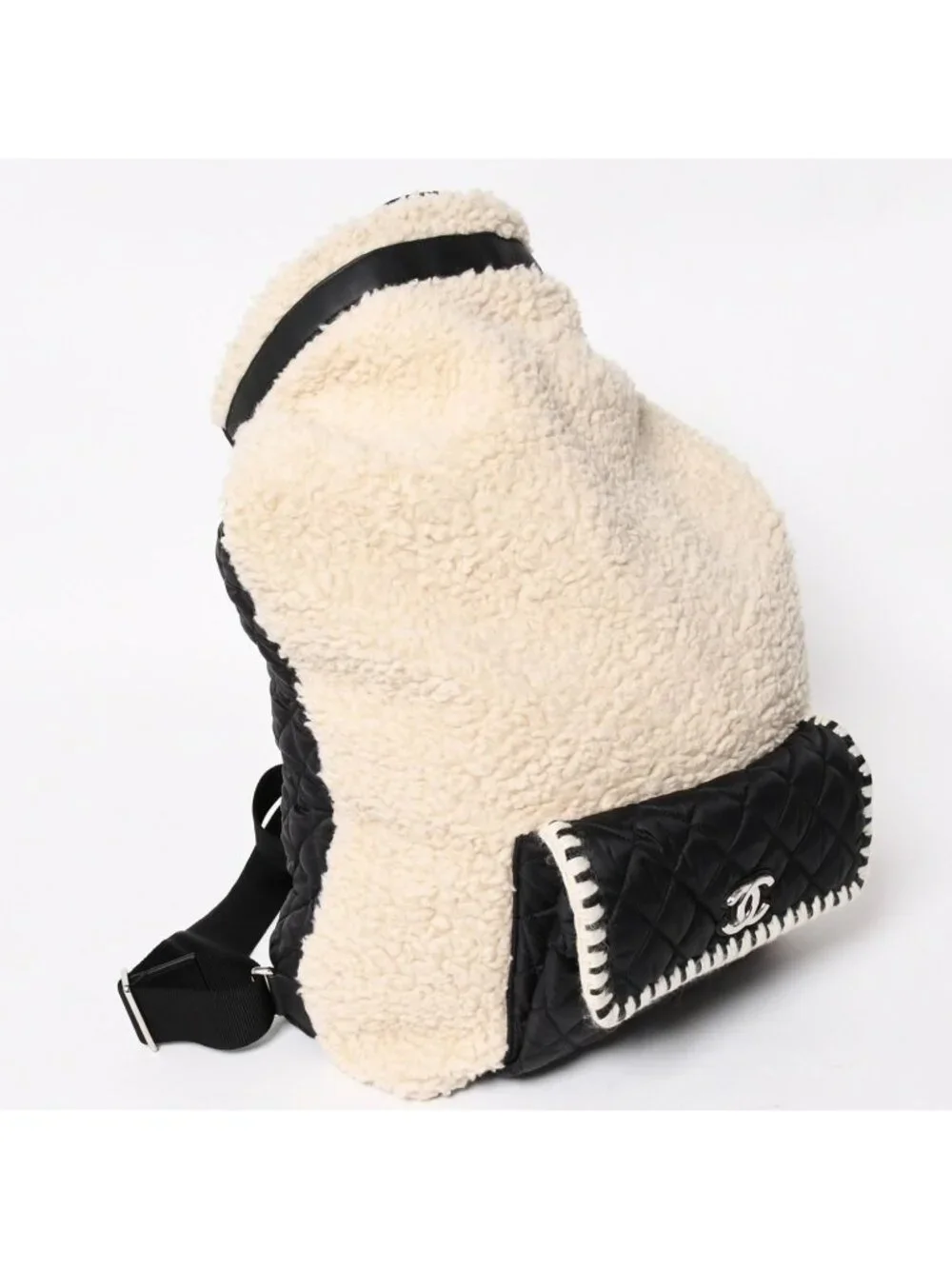 Chanel Coco Niege Neige Backpack CC Logo Nylon Fleece Beige Black